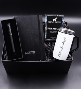 Kişiye Özel 280 ML Kulplu Beyaz Çelik Termos & Alerya Premium Filtre Kahve & Siyah Defter & Siyah Mat Roller Kalem Hediye Seti