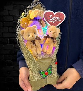 Seni Seviyorum Renkli Led Işıklı Premium Peluş Yeşil Ayıcık Buketi