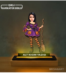 Kişiye Özel Mor Elbiseli Süpürgeli Komik Karikatürlü 14 cm MDF Işıklı Biblo - Kişiye Özel Hediye