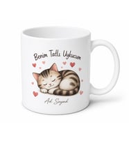 Benim Tatlı Uykucum Uyuyan Kedi Kalp Çizimli Sevgiliye Hediye Porselen Kupa Bardak
