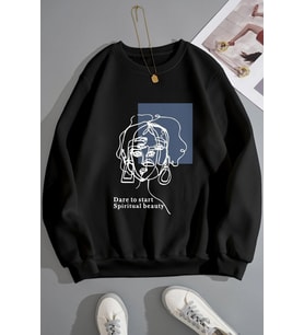 Unisex Baskılı Bisiklet Yaka Sweatshirt (Siyah)