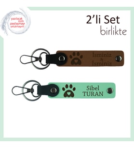Minik Pati Kalp Motifli 2’li Anahtarlık Takımı, Kişiye Özel Hediyelik, Açık Kahve-Açık Yeşil