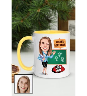 Kadın Rehber Öğretmene Hediye Karikatürlü Sarı Kupa Bardak