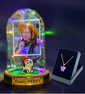 Sizlere Özel Renkli Led Işıklı Fanus ve Kelebek Kolye Hediye Seti (Model 8)