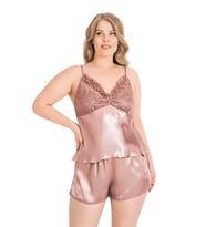 Amora Secret Büyük Beden Vizon Saten Babydoll Şort Takımı