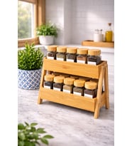 Bambu 2 katlı baharatlık, baharat standı, 15 adet baharatlık ve 21 adet baharat etiketi