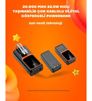 Powerbank 20000 Mah  22.5W Hızlı Şarj, Dahili Kablolu, Lcd Ekranlı Şarj Cihazı