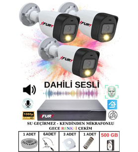 FURY 3 LÜ Sesli Gece Renkli Görüş Güvenlik Kamerası Su Geçirmez Güvenlik Kamerası Seti 500GB