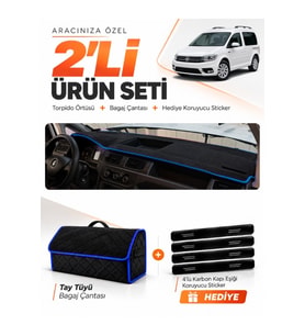 VOLKSWAGEN CADDY (2015-2019) Uyumlu Torpido Örtüsü + Tay Tüyü Bagaj Çantası + Sticker Seti - Siyah Mavi