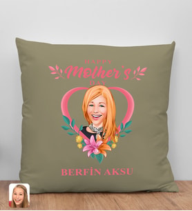 BK Gift Kişiye Özel Karikatürlü Anneler Günü Tasarımlı Haki Kırlent Yastık, Anneye Hediye, Ev Dekorasyonu, Anneler Günü Hediyesi-5