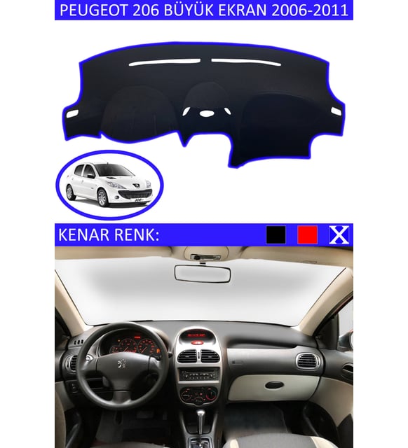 Peugeot 206 2006-2011 İçin Uygun Torpido Koruma Halısı Siyah Kenar Renk Mavi