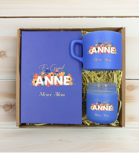 BK Gift Kişiye Özel İsimli DTF Anne Temalı Mavi Defter & Kahve Fincanı & Mum Hediye Seti-2, Anneye Hediye, Anneler Günü Hediyesi