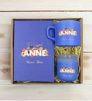 BK Gift Kişiye Özel İsimli DTF Anne Temalı Mavi Defter & Kahve Fincanı & Mum Hediye Seti-2, Anneye Hediye, Anneler Günü Hediyesi