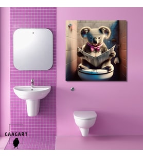 Tekli Kare Kanvas Banyo Tablosu Gazete Okuyan Pembe Koala