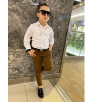 MODAVALS ERKEK ÇOCUK 3 PARÇA GABARDİN PANTOLON & GÖMLEK & KEMER KOMBİN-BEYAZ-745236982