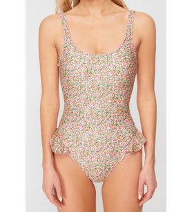 Kadın Moda Atma Kap Askılı Brief Yaka Çiçek Desenli Fırfırlı Regular Mayo (Çok Renkli)