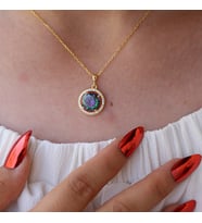 Mistik Topaz Beyaz Zirkon Taşlı Yuvarlak Gümüş Kolye