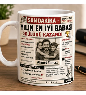 Kişiye Özel Baba Gazetesi Kupa Bardak Fotoğraflı ve İsimli Beyaz Seramik Kupa 330 ml Kahve Çay Kupası