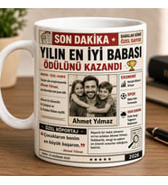 Kişiye Özel Baba Gazetesi Kupa Bardak Fotoğraflı ve İsimli Beyaz Seramik Kupa 330 ml Kahve Çay Kupası