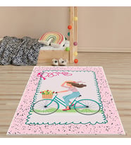 Bisikletli Kız Çiçek Desenli Halı Dijital Baskı Yıkanabilir Kaymaz Taban Pembe Kız Çocuk Odası Halıs