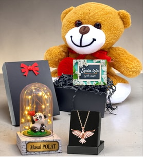 Kişiye Özel Kalpli Peluş Ayıcıklı Süper Hediye Seti & Led Işıklı Fanuslu (Model 3)