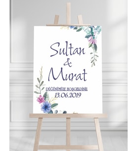 Söz Nişan Düğün İçin 50x70 Karşılama Panosu - Mavi Renk Çiçek Temalı 03