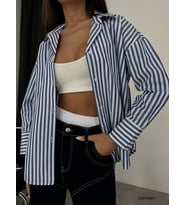 Dimalis Kadın Çizgili Oversize Gömlek (Lacivert)