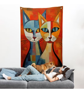 Pablo Picasso Tarzı - Soyut Renkli Kediler Duvar Örtüsü-7369