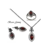 Oval Kırmızı Taşlı Otantik Gümüş Set