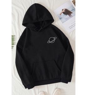 Unisex Saturn Baskılı Sweatshirt (Siyah)