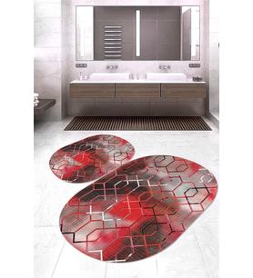 Dijital Baskılı Kaymaz Taban Yıkanabilir Oval 2'li Klozet Takımı Banyo Paspası NOKZ-HT-1394 (Kırmızı)