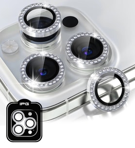iPhone 14 Pro / Pro Max için IPG ProLENS Kamera Lens Koruyucu Elmas Taşlı Çerçeveli, Kırılmaz Cam (Gümüş)