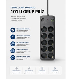 Northcity Termal Akım Korumalı 10'lu Grup Priz - USB Type-C Girişli 2500W Güç Dağıtım Ünitesi