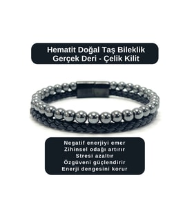 SERTİFİKALI Hematit Doğal Taş Bileklik Gerçek Deri Çelik Kilit
