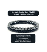 SERTİFİKALI Hematit Doğal Taş Bileklik Gerçek Deri Çelik Kilit