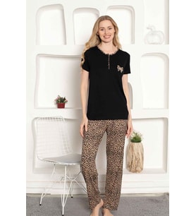 Monox Kadın Leopar Baskı Kısa Kol Uzun Alt Pijama Takımı (Siyah)