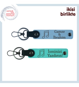 Sevgilinle Her Dinleyişte Hatırlanacak Anı, Nota Motifli Deri Anahtarlık Seti, Gök Mavi-Turkuaz