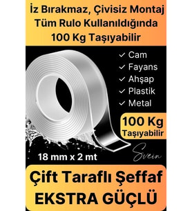 Ekstra Güçlü Çift Taraflı Bant İz Bırakmaz Şeffaf Çok Amaçlı Tamir Silikon Montaj Bandı 18mm X 2mt