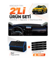 DACIA SANDERO (2022-2026) EKRANLI Uyumlu Torpido Örtüsü + Deri Bagaj Çantası + Sticker Seti - Siyah Mavi