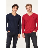 Dewberry Erkek Pamuklu V Yaka Sweatshirt 2'li Set Bordo-Lacivert T8587 Hafta Sonu Kombini, Seyahat Gardırobu