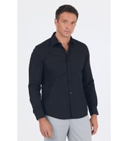 Siyah Uzun Kol Sert Yaka Düz Pamuklu Slim Fit Gömlek 1004260057