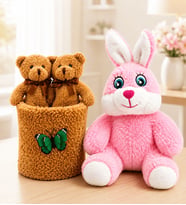 Pembe Peluş Tavşan ve Peluş Saksıda Ayıcıklar Buketi Sevgiliye Kadına Arkadaşa Hediye
