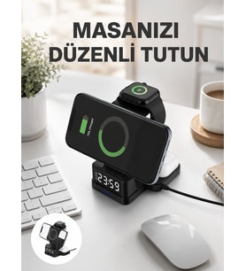 Dijital Saatli Kablosuz Şarj İstasyonu – 3’ü 1 Arada Uyumlu Hızlı Şarj ve LED Ekran Yeni Nesil