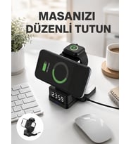 Dijital Saatli Kablosuz Şarj İstasyonu – 3’ü 1 Arada Uyumlu Hızlı Şarj ve LED Ekran Yeni Nesil