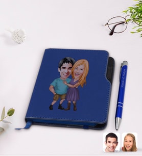 BK Gift Kişiye Özel Sevgililer Karikatürlü Lacivert Termo Deri Defter Kalem Seti-80