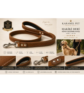 Premium Hakiki Deri Köpek Gezdirme Kayışı Kamel 100 cm Yumuşak Dolgulu Tutma Saplı