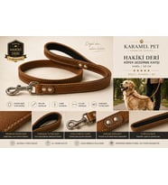 Premium Hakiki Deri Köpek Gezdirme Kayışı Kamel 100 cm Yumuşak Dolgulu Tutma Saplı
