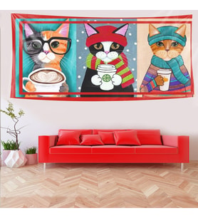Kahve İçen Kediler Kedi Desen Leke Tutmaz Kadife Dokulu Kumaş Duvar Örtüsü Duvar Halısı Tapestry (Çok Renkli)