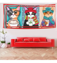 Kahve İçen Kediler Kedi Desen Leke Tutmaz Kadife Dokulu Kumaş Duvar Örtüsü Duvar Halısı Tapestry (Çok Renkli)