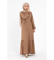 Beli Kemerli Bürümcük Elbise - Sütlü Kahve